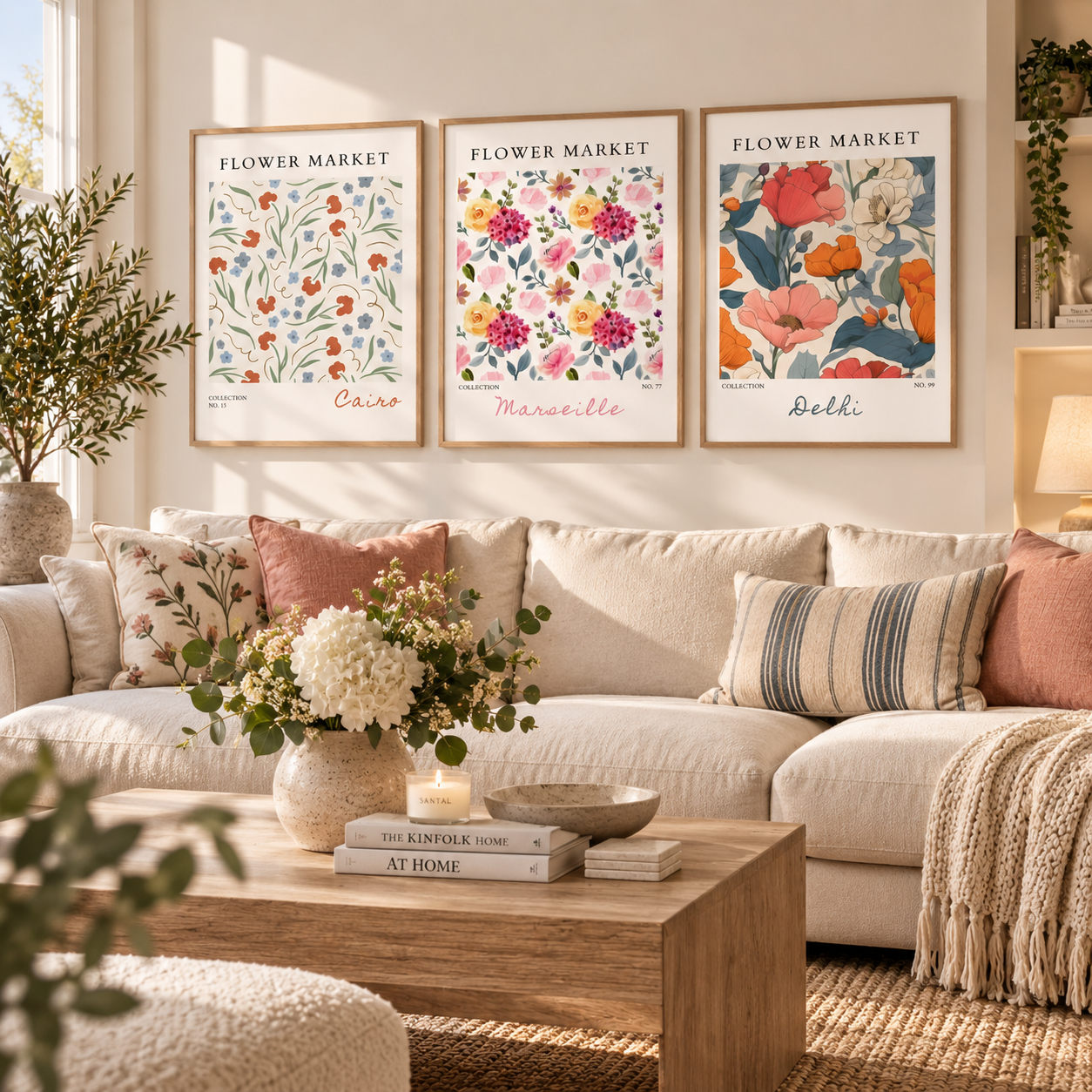 Three framed floral art prints labeled Carro, Marseille, and Bello hang above a cream sofa in a bright, styled living room with pillows, a wooden coffee table, and plants.