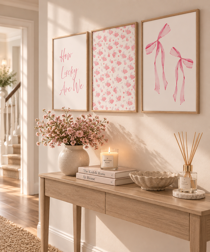 Three framed art prints with pink and white designs hang on a beige wall above a light wood console table decorated with a vase of pink flowers, a candle, books, and a reed diffuser.