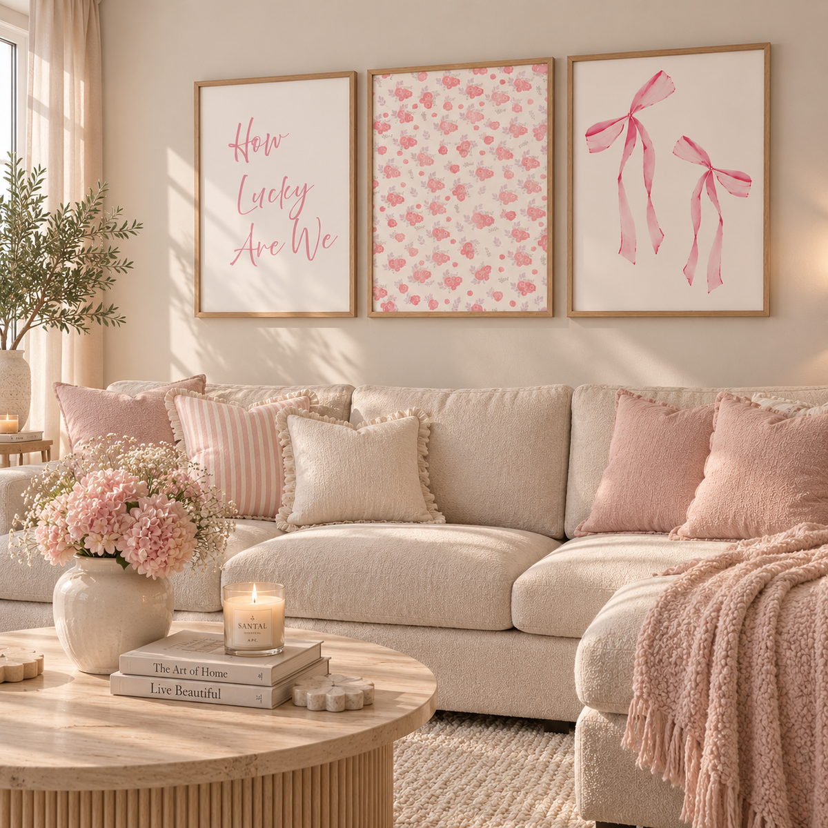 A styled living room scene with a cream sectional sofa, blush pink pillows and throw blanket, a round wooden coffee table with books and a candle, and three framed wall art prints above the sofa. The prints feature pink script text, a pink floral pattern, and pink ribbon illustrations.