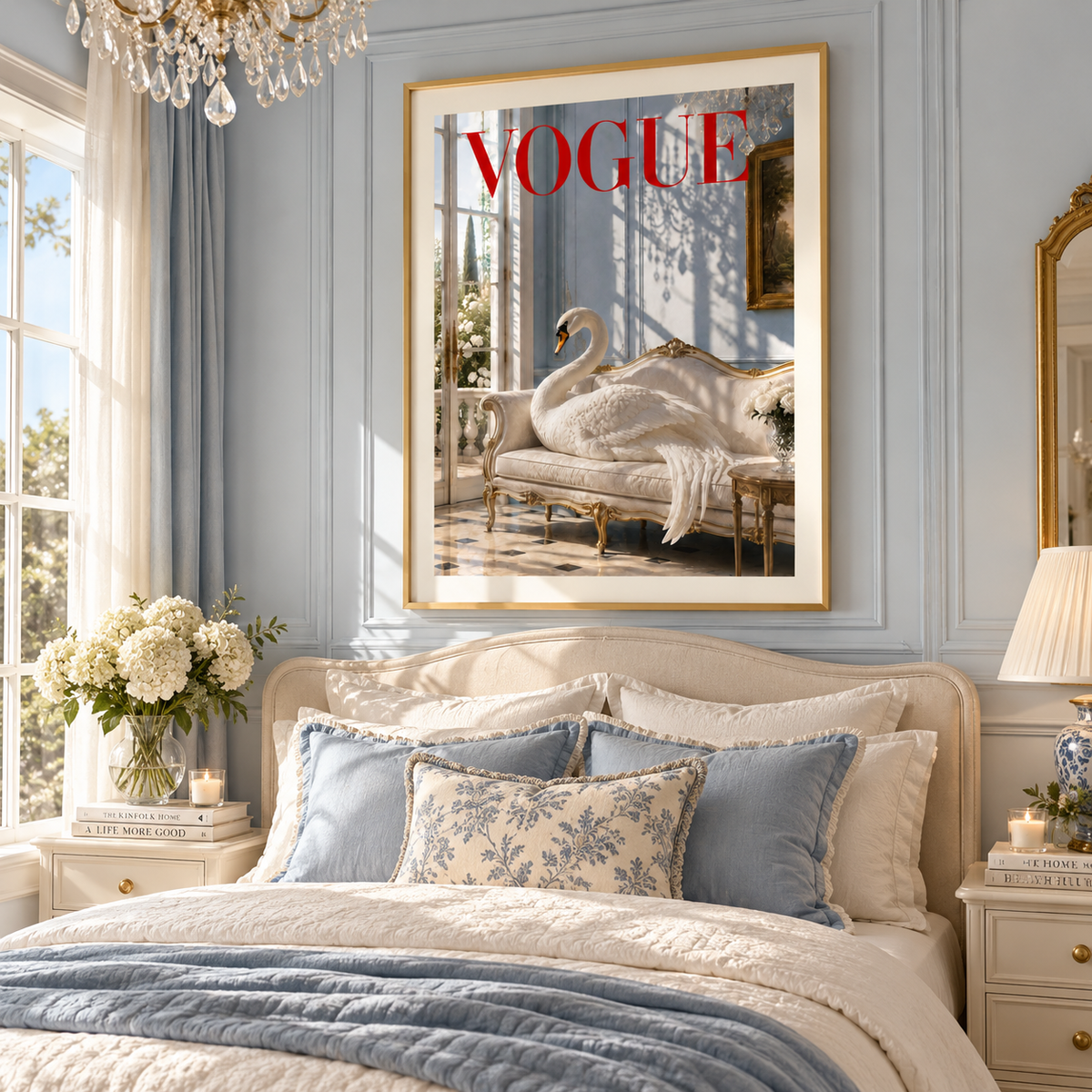 A framed art print featuring a white swan on a chaise lounge with the word 'VOGUE' in red, displayed on a light blue paneled wall above a bed in a beautifully styled bedroom.