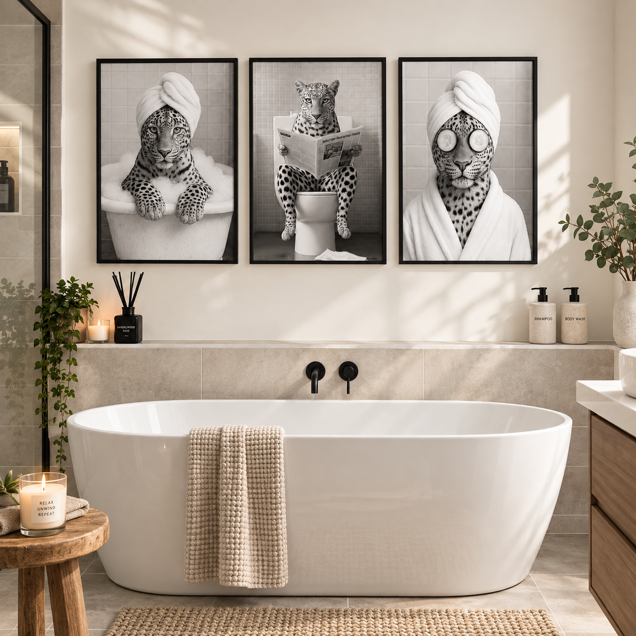 A modern freestanding bathtub in a bright bathroom, with three black-and-white framed animal portraits above it showing a leopard in a bathtub, reading a book, and wearing spa goggles wrapped in a robe.