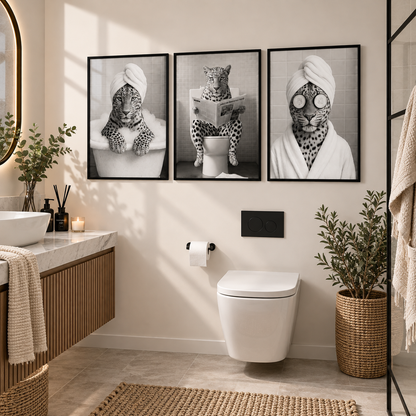 A modern bathroom scene with three framed black-and-white animal portraits hanging above a toilet. The artwork shows a leopard in a bathtub, a leopard reading a book, and a leopard wearing goggles and a bathrobe.