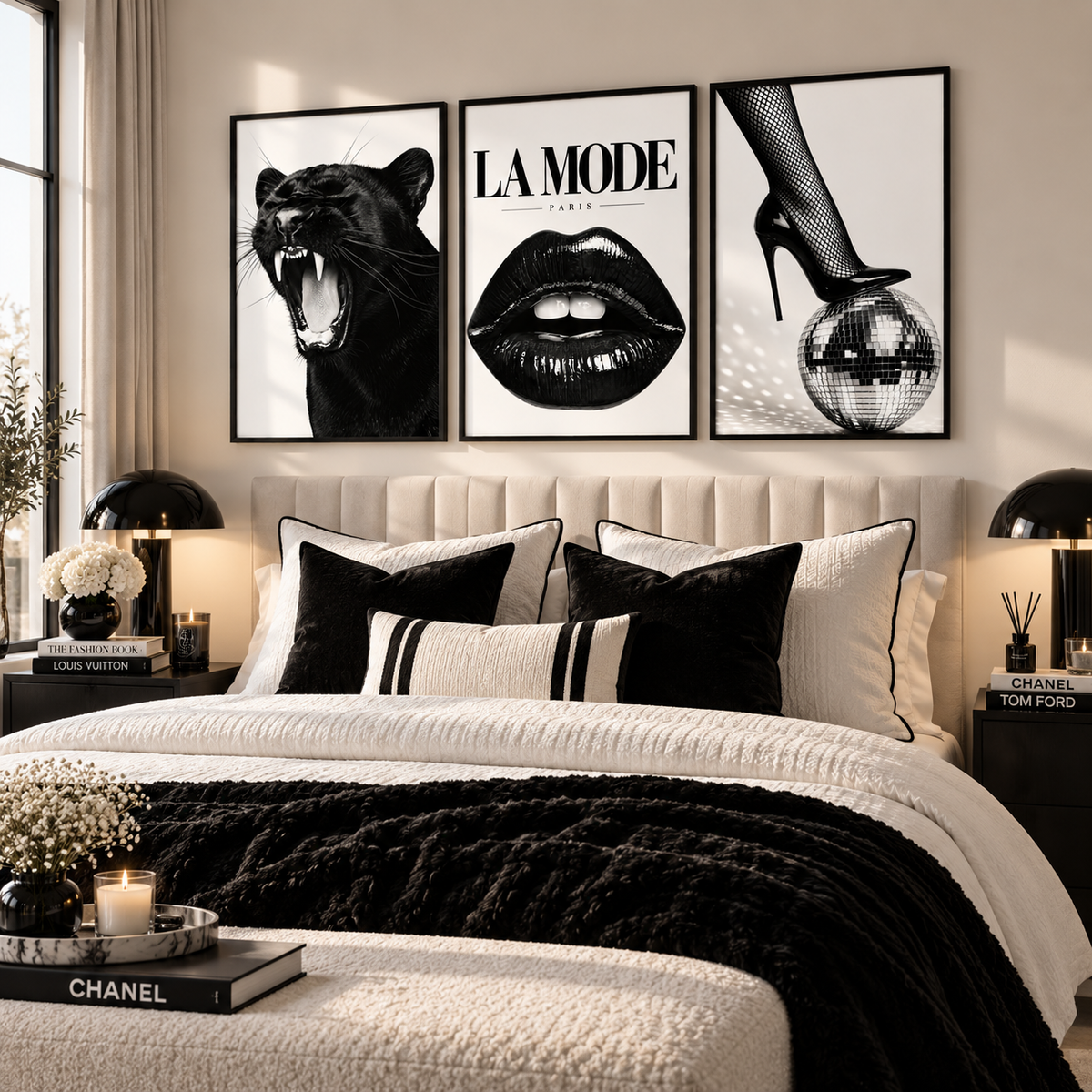A styled bedroom scene with a bed dressed in white and black bedding, framed wall art above the headboard featuring a black panther, the words 'LA MODE', and a high-contrast lip illustration. The room includes black nightstands, lamps, pillows, and decorative books.