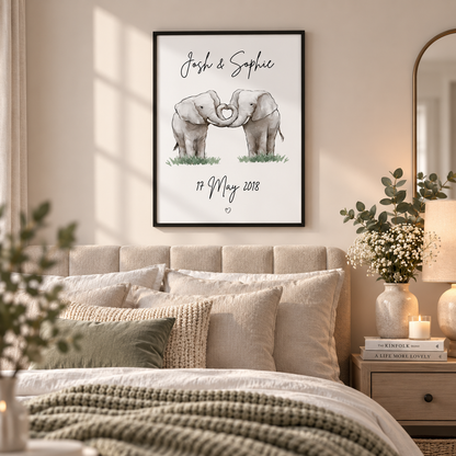Personalised couple elephant print anniversary wedding gift above bed