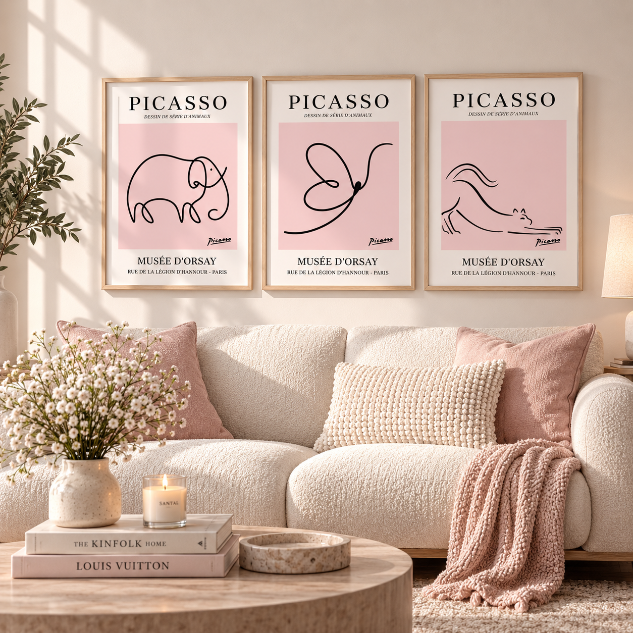 Three framed Picasso art prints with pink backgrounds and black line drawings are displayed on a beige wall above a cream bouclé sofa with blush pillows and a knit throw blanket in a softly lit living room.