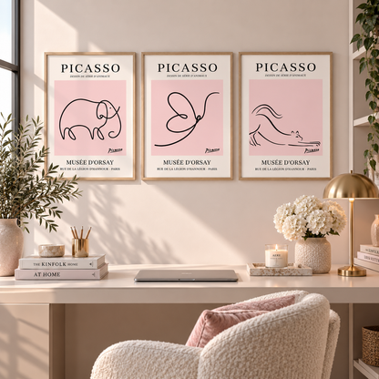 Three framed minimalist Picasso art prints with pink backgrounds and black line drawings are displayed on a beige wall above a white desk in a styled home office setting.