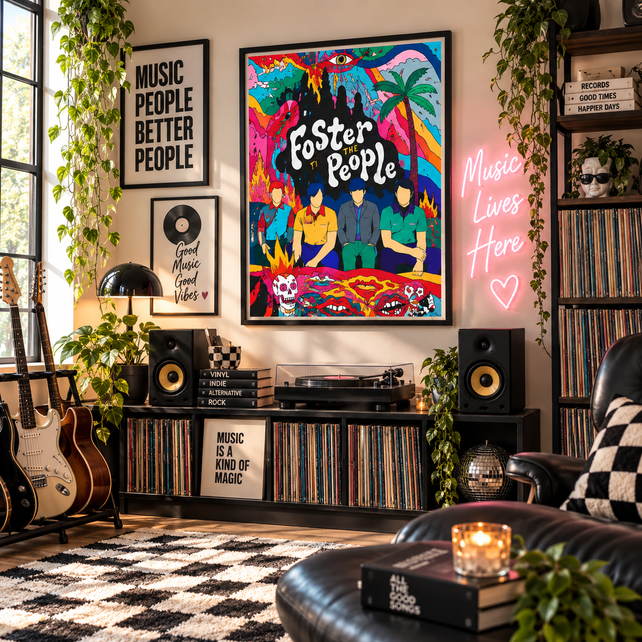A framed colorful poster featuring the band Foster the People hangs on a wall in a styled music room with vinyl records, speakers, guitars, plants, and a neon sign.