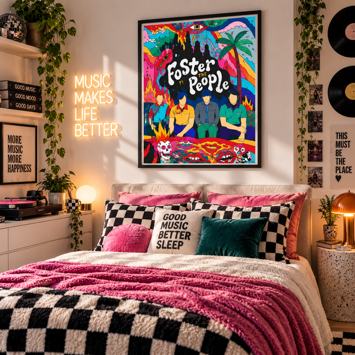 A colorful framed poster of the band Foster The People hangs on a bedroom wall above a bed styled with pink and black checkered bedding, neon sign, and decorative plants.