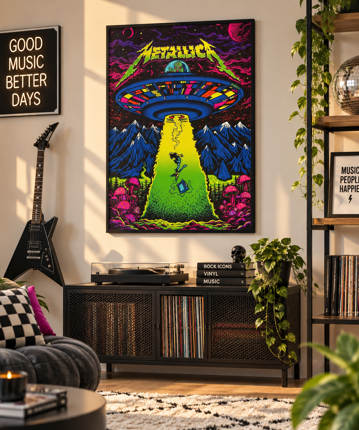A framed Metallica 'The Metallic Years' neon trippy canvas print hangs on a beige wall in a modern living room setting with a black cabinet, vinyl records, a guitar, and plants.