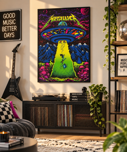 A framed Metallica 'The Metallic Years' neon trippy canvas print hangs on a beige wall in a modern living room setting with a black cabinet, vinyl records, a guitar, and plants.