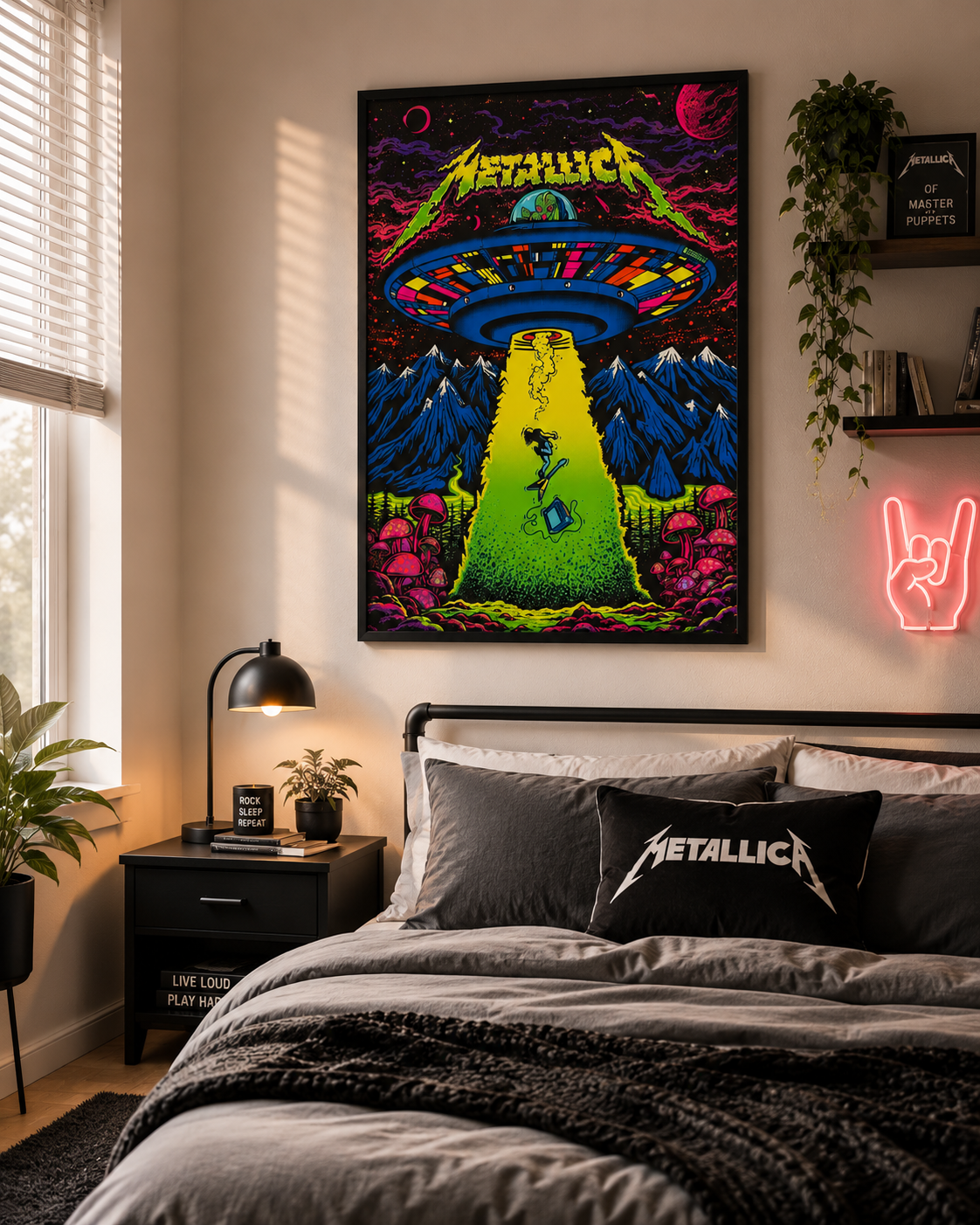 A framed Metallica poster with a psychedelic UFO scene hangs above a bed in a styled bedroom. The poster features a green beam, mountains, and neon-like colors, with a matching black Metallica pillow on the bed.