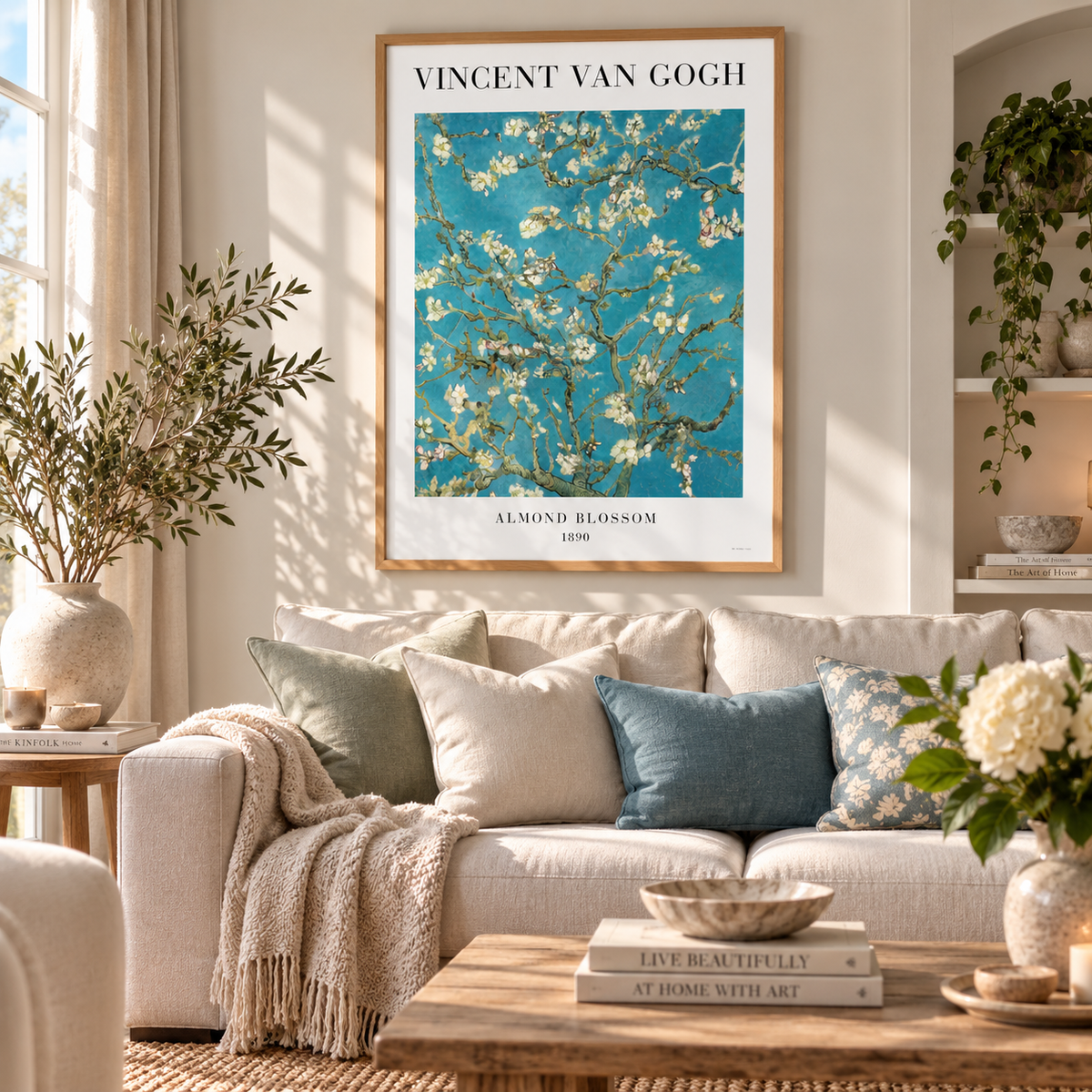 A framed Vincent van Gogh Almond Blossom art print hangs on a beige wall above a white sofa in a bright, modern living room with decorative pillows, a throw blanket, and a coffee table.