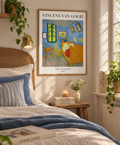 A framed Vincent van Gogh 'The Bedroom' art print hangs on a beige wall above a bed in a styled bedroom. The print features Van Gogh's painting with blue, yellow, and orange tones, surrounded by a light wood frame.