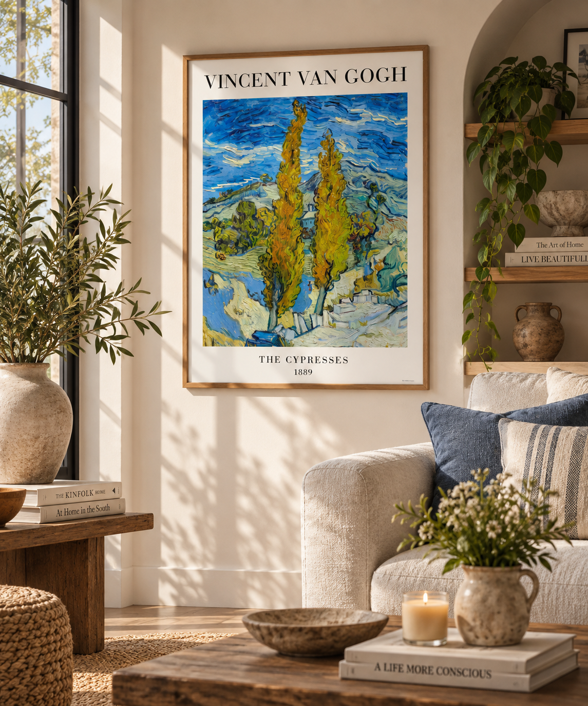 A framed Vincent van Gogh 'The Cypress' art print hangs on a beige wall in a styled living room with a sofa, plants, and wooden furniture.