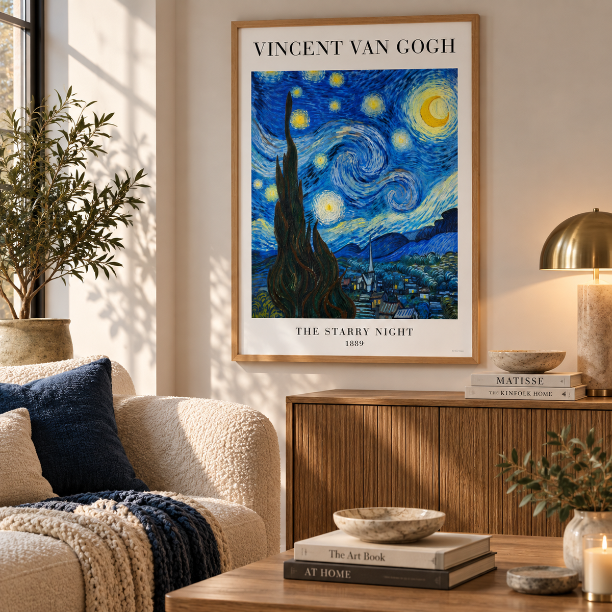A framed Vincent van Gogh 'The Starry Night' poster hangs on a beige wall in a styled living room with a cream bouclé sofa, wooden sideboard, lamp, and plants.