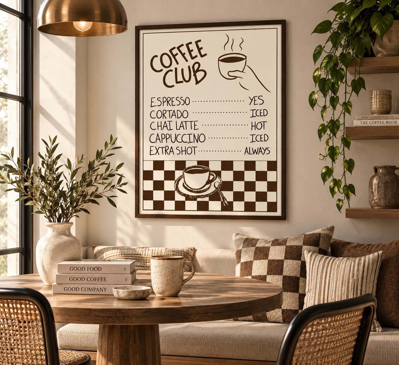 A framed wall art print with a retro coffee menu design hangs above a sofa in a styled living room. The print features brown text and graphics on a cream background, including the words 'COFFEE CLUB' and coffee drink options with yes/no answers.