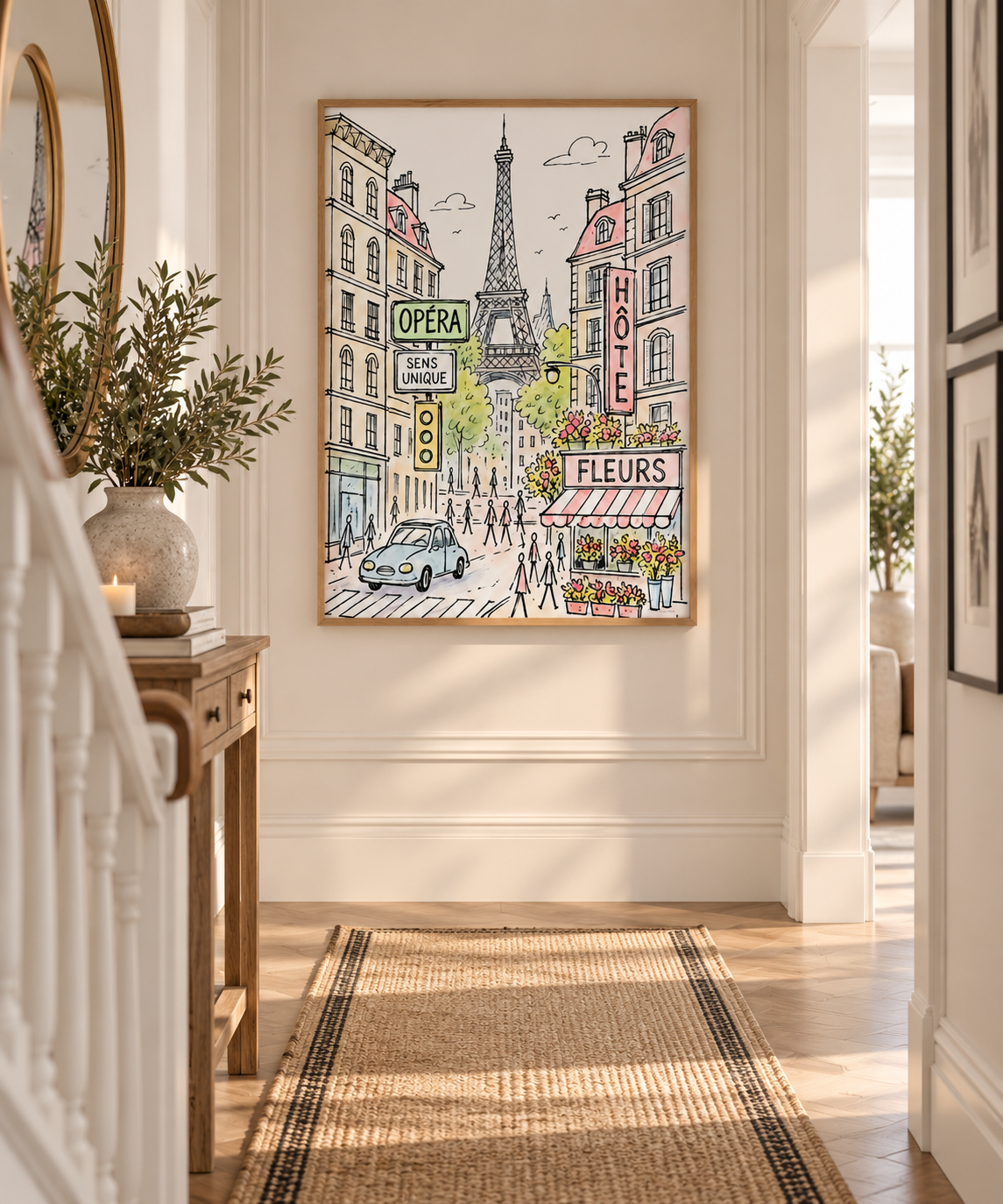 A framed art print depicting a Parisian street scene with the Eiffel Tower, hanging on a white wall in a bright, modern hallway with a woven runner rug.