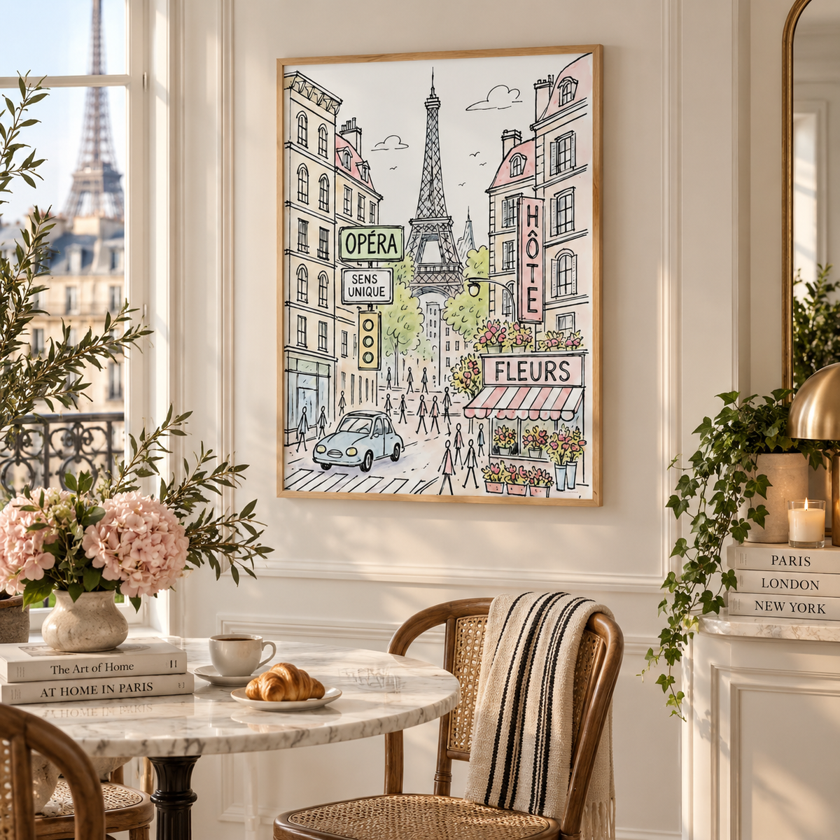A framed Paris street art print hangs on a cream wall in a beautifully styled dining room. The print features hand-drawn illustrations of the Eiffel Tower, Parisian buildings, street signs like 'OPERA' and 'CH	TE', and a flower shop.