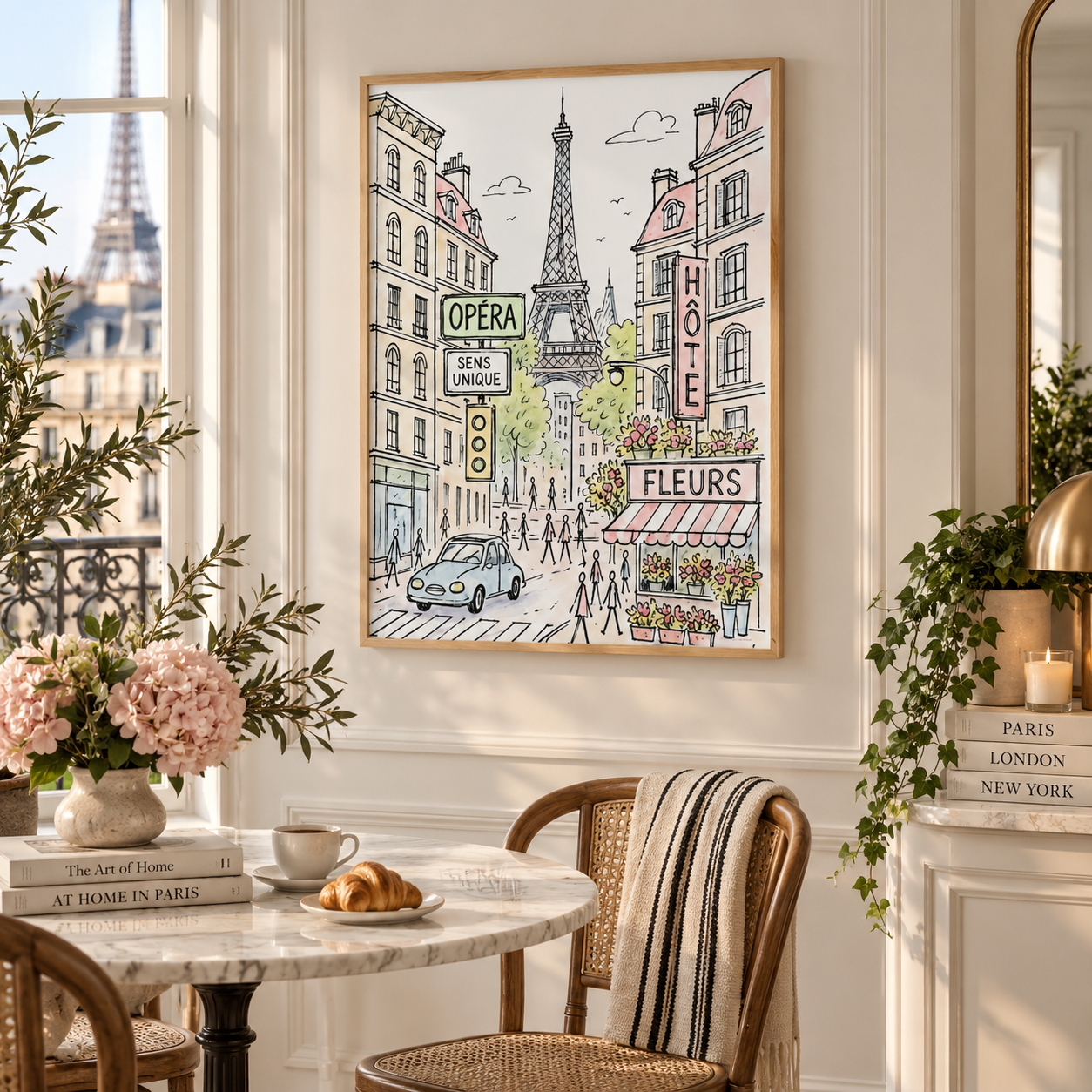 A framed Paris street art print hangs on a cream wall in a beautifully styled dining room. The print features hand-drawn illustrations of the Eiffel Tower, Parisian buildings, street signs like 'OPERA' and 'CH	TE', and a flower shop.