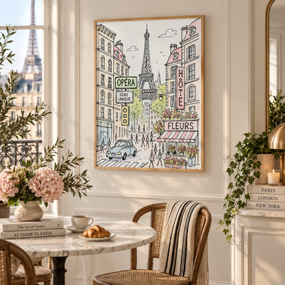 A framed Paris street art print hangs on a cream wall in a beautifully styled dining room. The print features hand-drawn illustrations of the Eiffel Tower, Parisian buildings, street signs like 'OPERA' and 'CH	TE', and a flower shop.