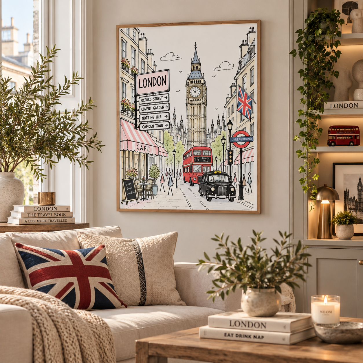 A framed London street art print hangs on a beige wall above a sofa in a styled living room. The artwork depicts Big Ben, red buses, black cabs, and London flags, with a sign listing landmarks.