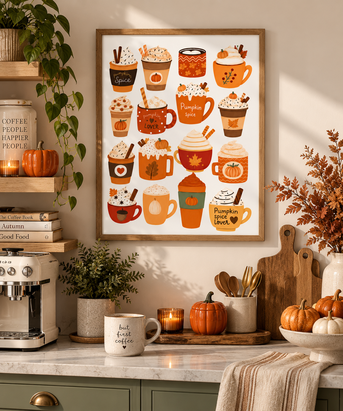 A framed autumn-themed coffee mug art print hangs on a kitchen wall above a marble counter styled with pumpkins, a cutting board, a coffee machine, and seasonal decor.