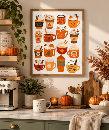 A framed autumn-themed coffee mug art print hangs on a kitchen wall above a marble counter styled with pumpkins, a cutting board, a coffee machine, and seasonal decor.