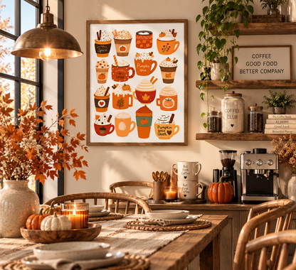 A framed autumn-themed coffee mug art print hangs on a warm beige wall in a cozy, styled kitchen or cafe interior. The print features a grid of various illustrated coffee cups in orange, brown, and cream tones.
