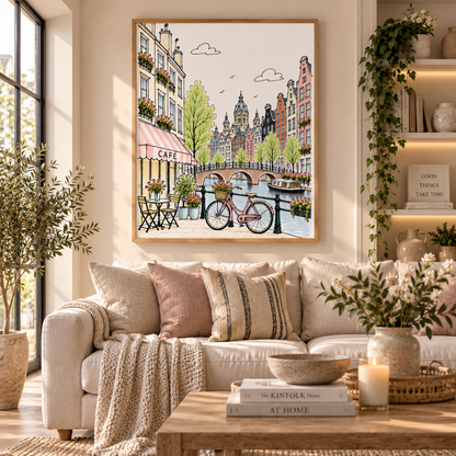 A framed art print depicting a charming Amsterdam canal scene with a bicycle, cafe, and historic buildings, displayed on a beige sofa in a beautifully styled living room.