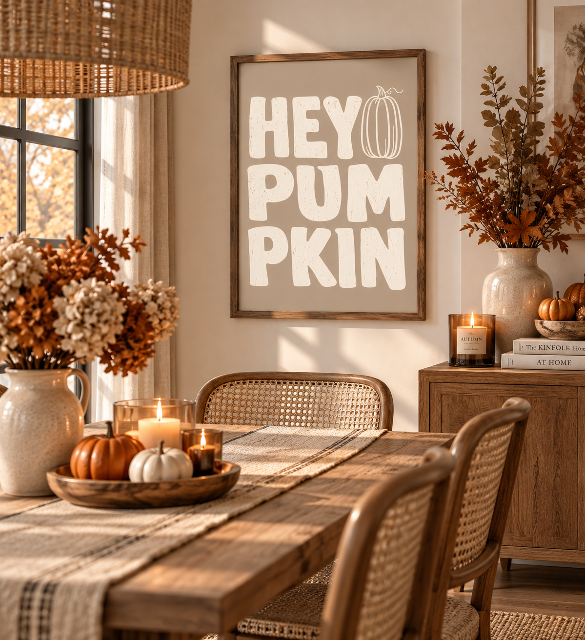 A framed autumn-themed wall sign reading 'HEY PUMPKIN' hangs in a warm, styled dining room with a wooden table, woven chairs, candles, and fall decor.