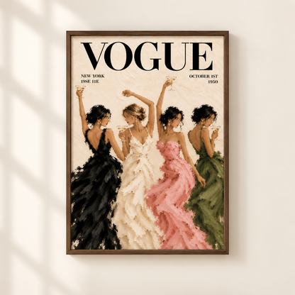 Vintage Vogue wall art print with four glamorous women in black ivory pink and olive evening gowns raising champagne glasses, painted in a textured 1950s fashion illustration style.