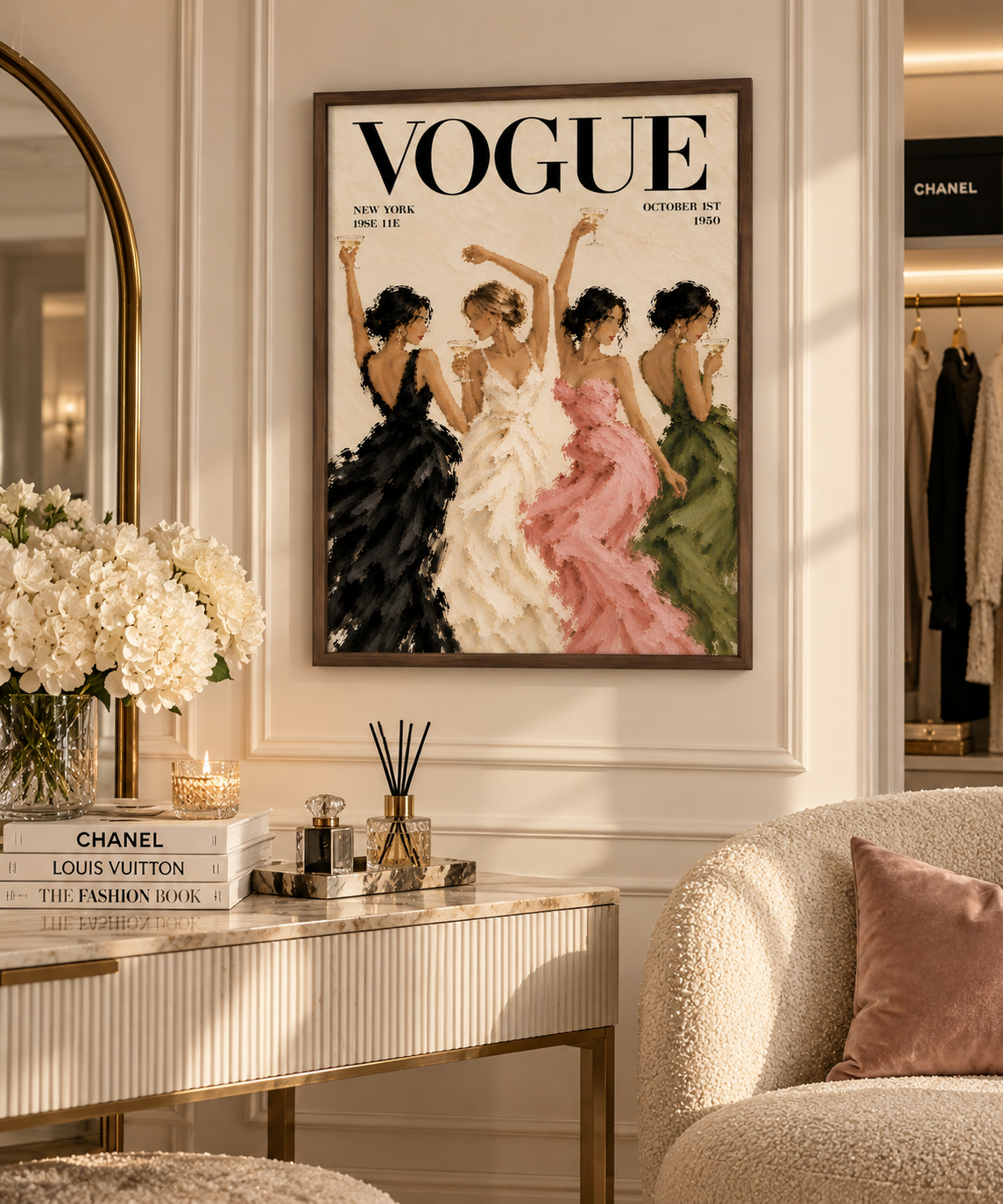 A framed Vogue magazine cover print hangs on a cream wall in a styled interior. The artwork shows four women in elegant dresses in black, white, pink, and green.