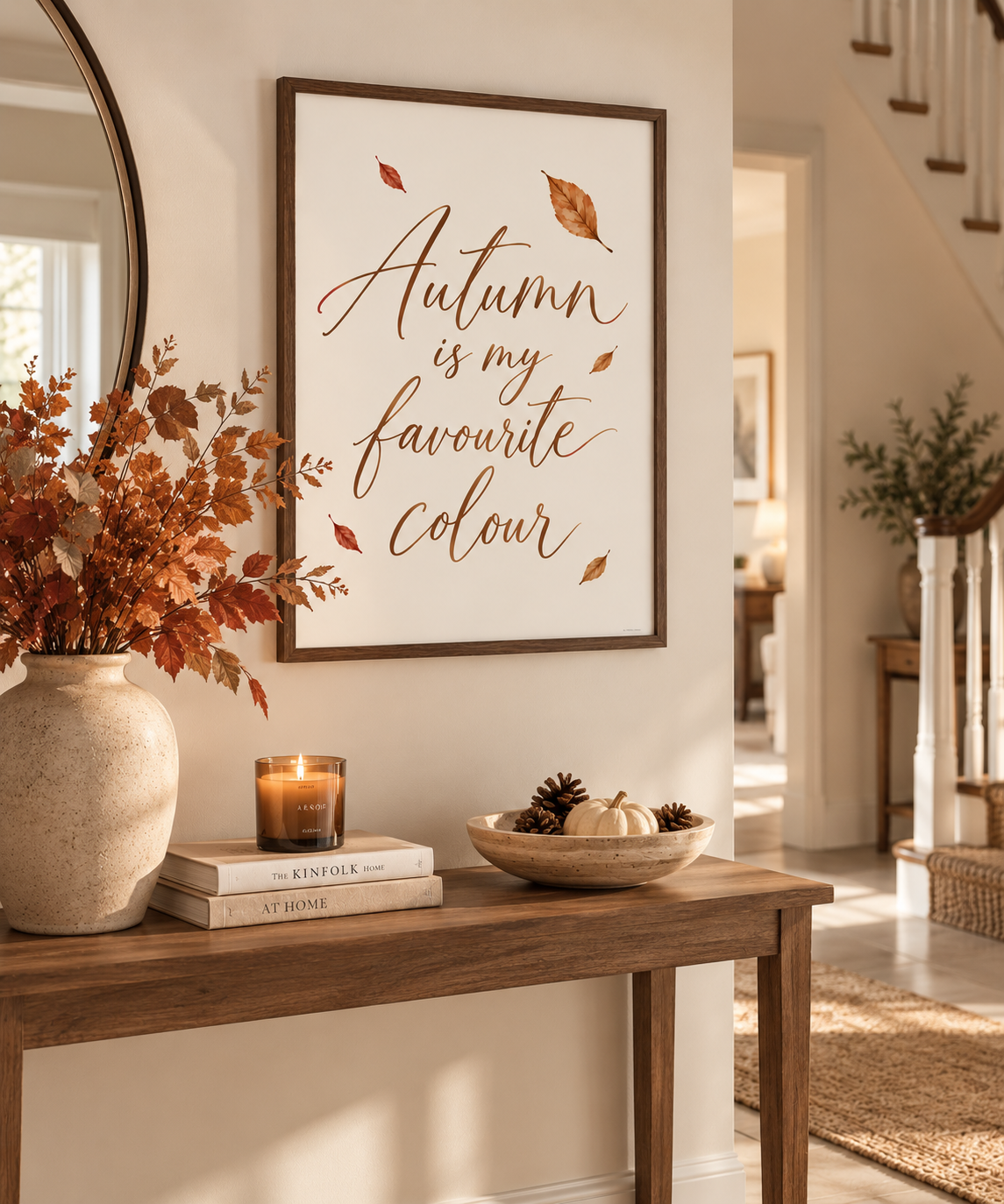 A framed autumn-themed wall art print hangs on a warm beige wall above a wooden console table. The print reads 'Autumn is my favourite colour' in elegant brown script with scattered leaf illustrations.