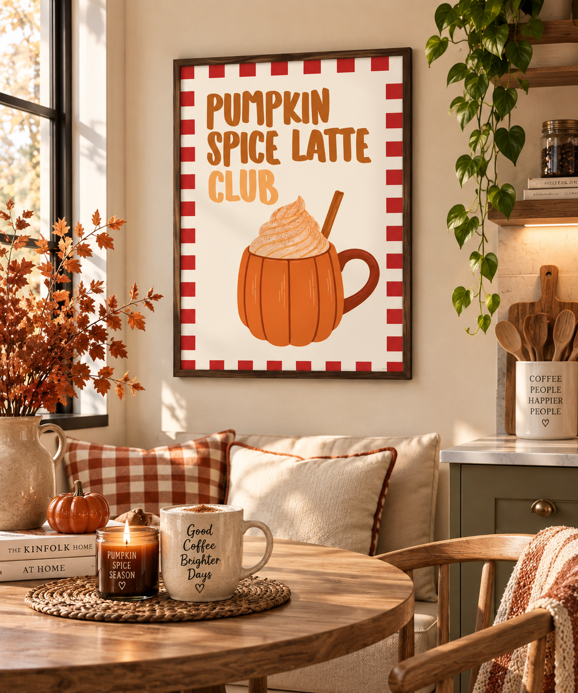 A framed autumn-themed wall print reading “Pumpkin Spice Latte Club” hangs above a cozy seating area with a wooden table, mugs, candles, pillows, and fall decor in a warm indoor setting.