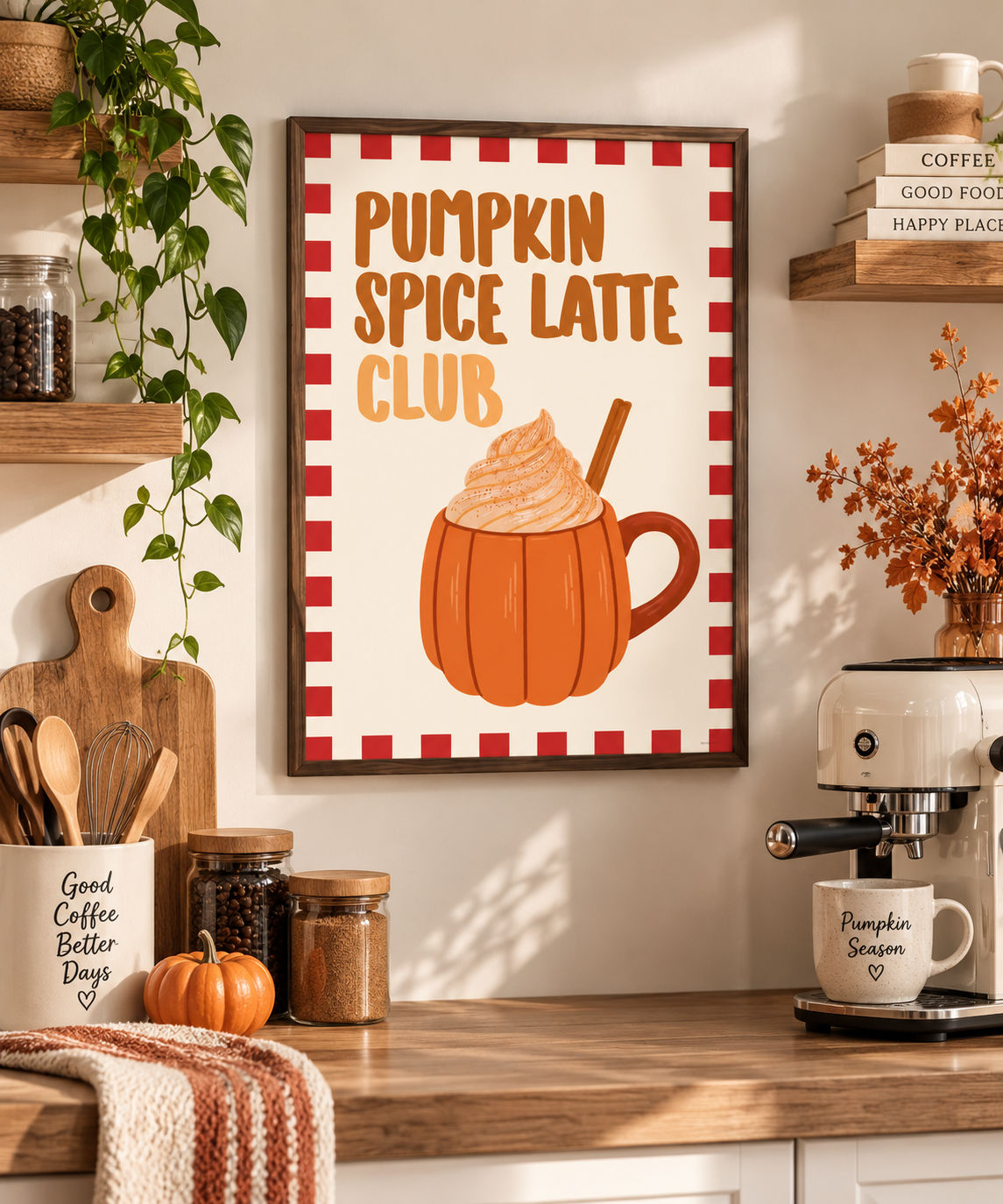 A framed wall art print reading “Pumpkin Spice Latte Club” hangs on a warm beige wall above a wooden counter. The print shows an orange pumpkin mug filled with whipped cream and a cinnamon stick, surrounded by a red-and-white check border.