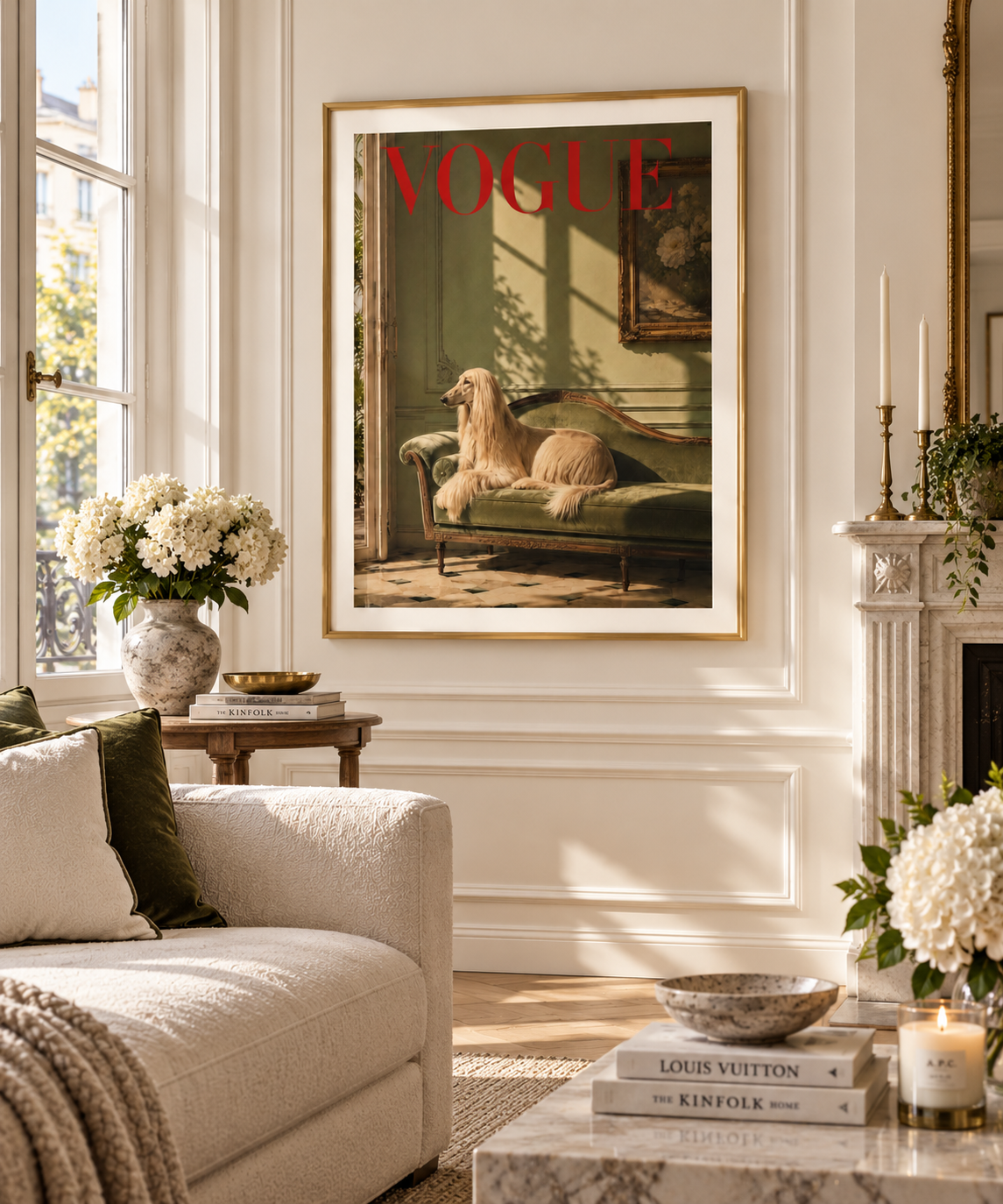 A framed Vogue magazine cover art print hangs on a white paneled wall in a beautifully styled living room. The print features a vintage illustration of a long-haired dog on a green chaise lounge, with the red 'VOGUE' logo at the top.