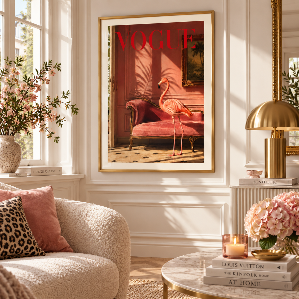 A framed art print featuring a pink flamingo on a pink chaise lounge with the word 'VOGUE' in red at the top, displayed on a white paneled wall in a styled living room with a sofa, lamp, flowers, and books.