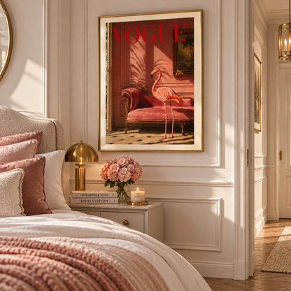 A framed art print featuring a pink flamingo on a pink chaise lounge with the word 'VOGUE' in red at the top, displayed on a white paneled wall in a beautifully styled bedroom.