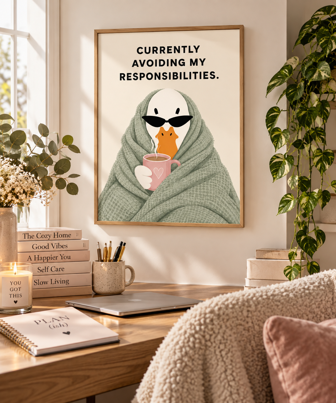 A framed art print featuring a cute cartoon bird wrapped in a green blanket and wearing black sunglasses, holding a pink mug. The text on the print reads 'CURRENTLY AVOIDING MY RESPONSIBILITIES.