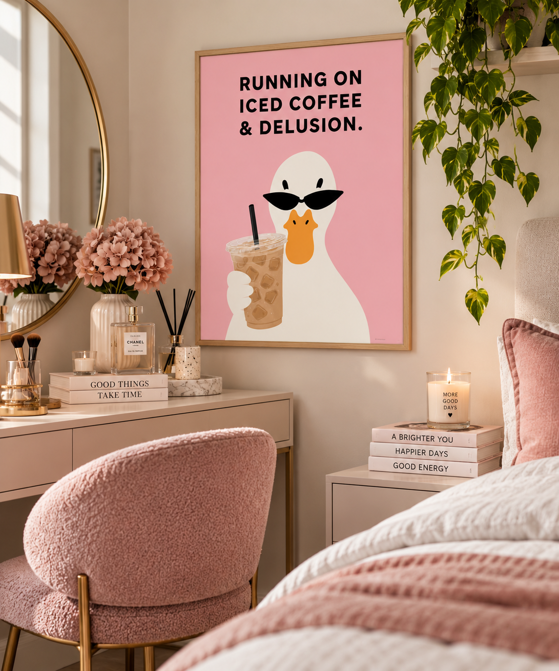 A framed wall art print hangs in a styled bedroom. The print shows a white duck wearing black sunglasses and holding an iced coffee on a pink background, with the text 'RUNNING ON ICED COFFEE & DELUSION.