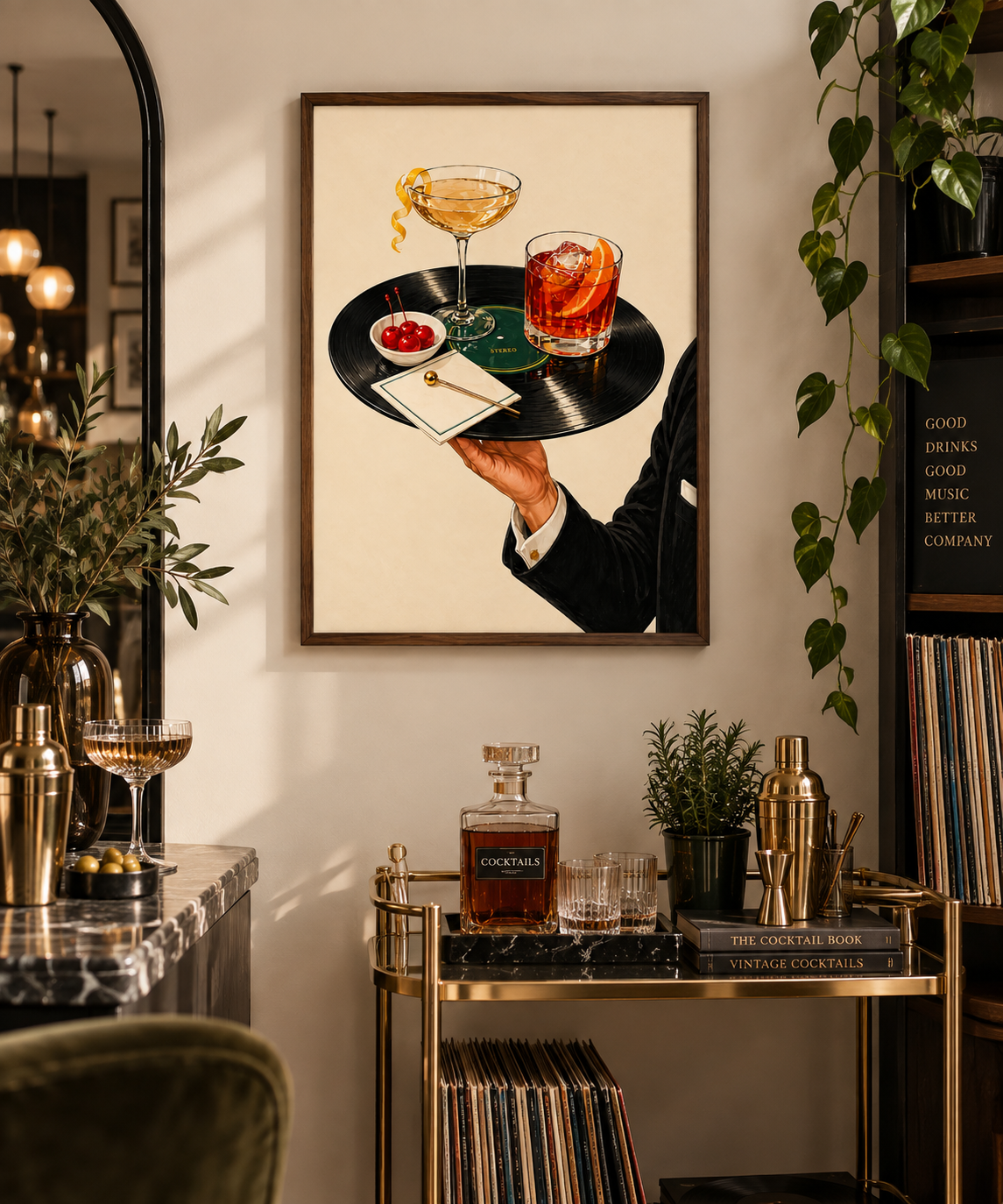 A framed art print hanging on a beige wall in a stylishly decorated bar or lounge setting. The print shows a vintage-style illustration of a waiter's arm holding a black vinyl record tray with a cocktail glass, an orange drink, a small bowl of red fruit, and a napkin.