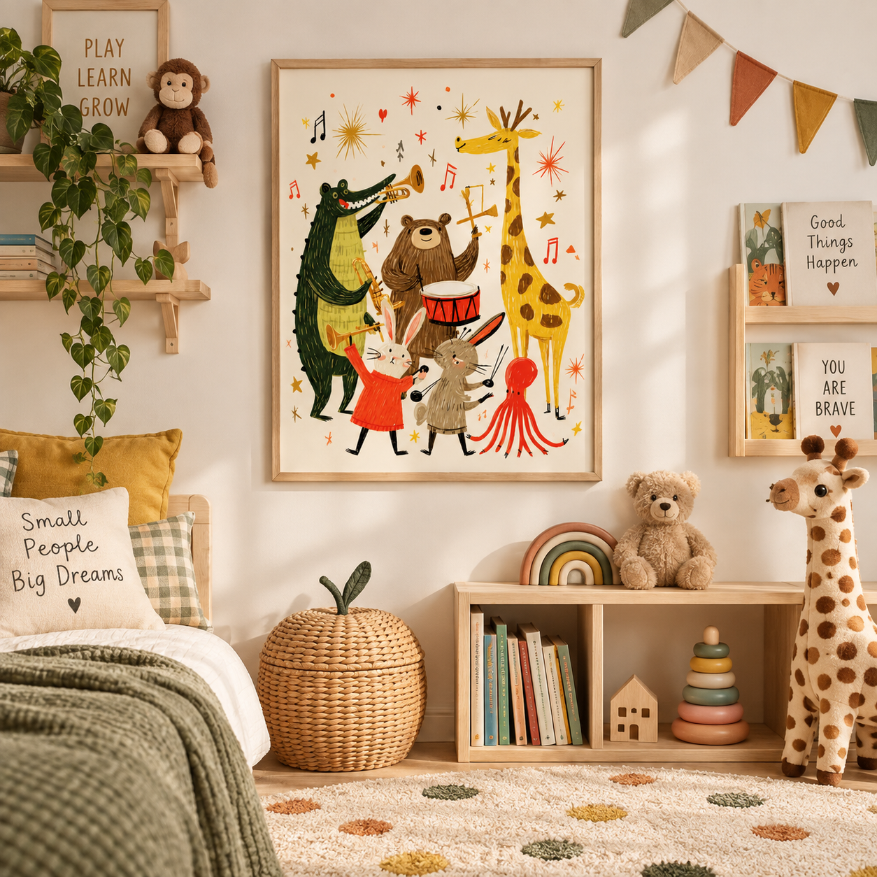 A framed children's wall art print featuring playful animal characters playing music hangs on a light wall in a styled nursery. The artwork shows a crocodile, bear, giraffe, rabbit, and octopus with stars and musical notes.