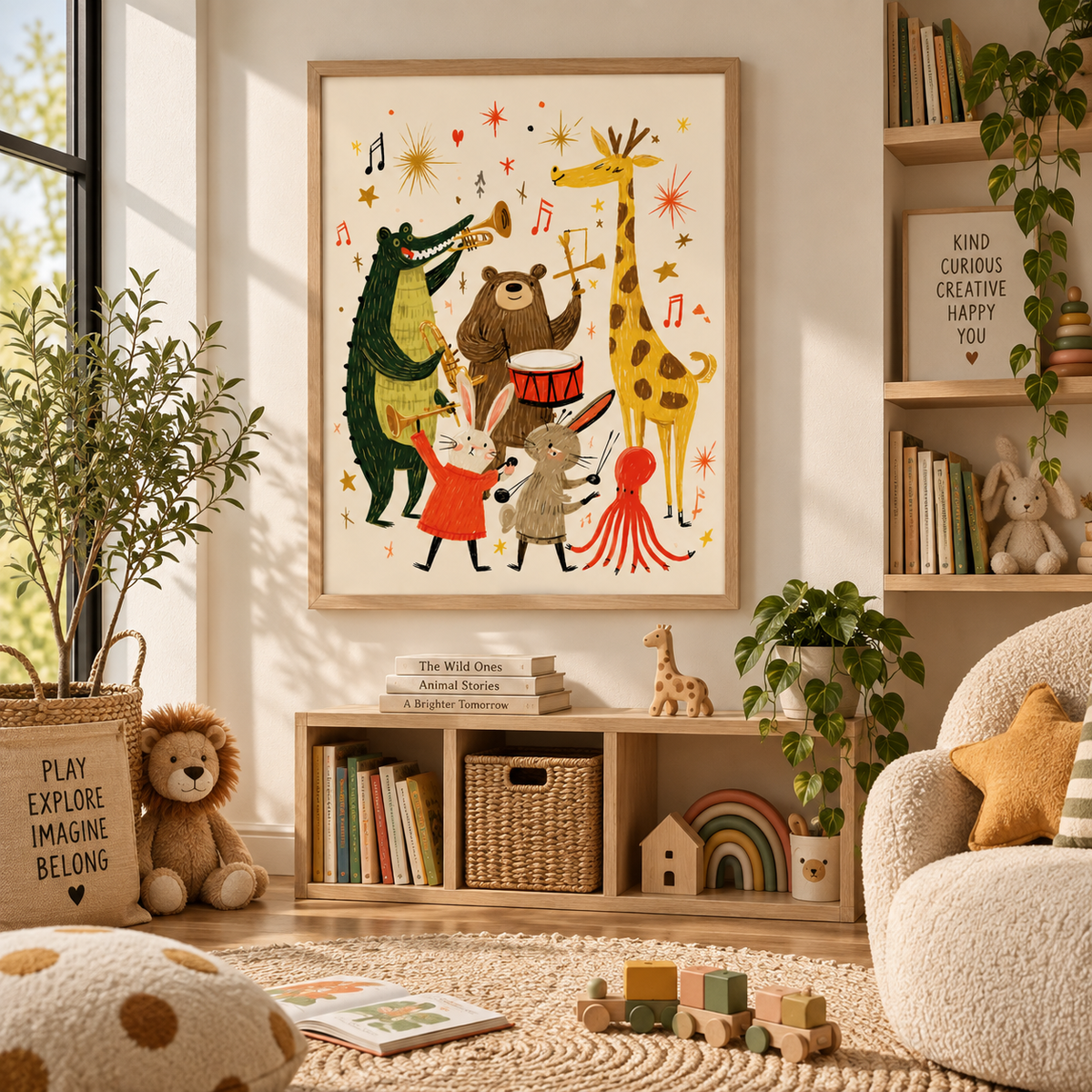 A framed whimsical children's wall art print hangs on a wall in a styled nursery or playroom. The artwork shows a crocodile playing a trumpet, a bear playing a drum, a rabbit in a red dress, a giraffe, and an octopus playing a trumpet, surrounded by musical notes and stars on a cream background.