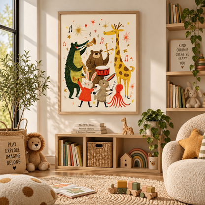 A framed whimsical children's wall art print hangs on a wall in a styled nursery or playroom. The artwork shows a crocodile playing a trumpet, a bear playing a drum, a rabbit in a red dress, a giraffe, and an octopus playing a trumpet, surrounded by musical notes and stars on a cream background.