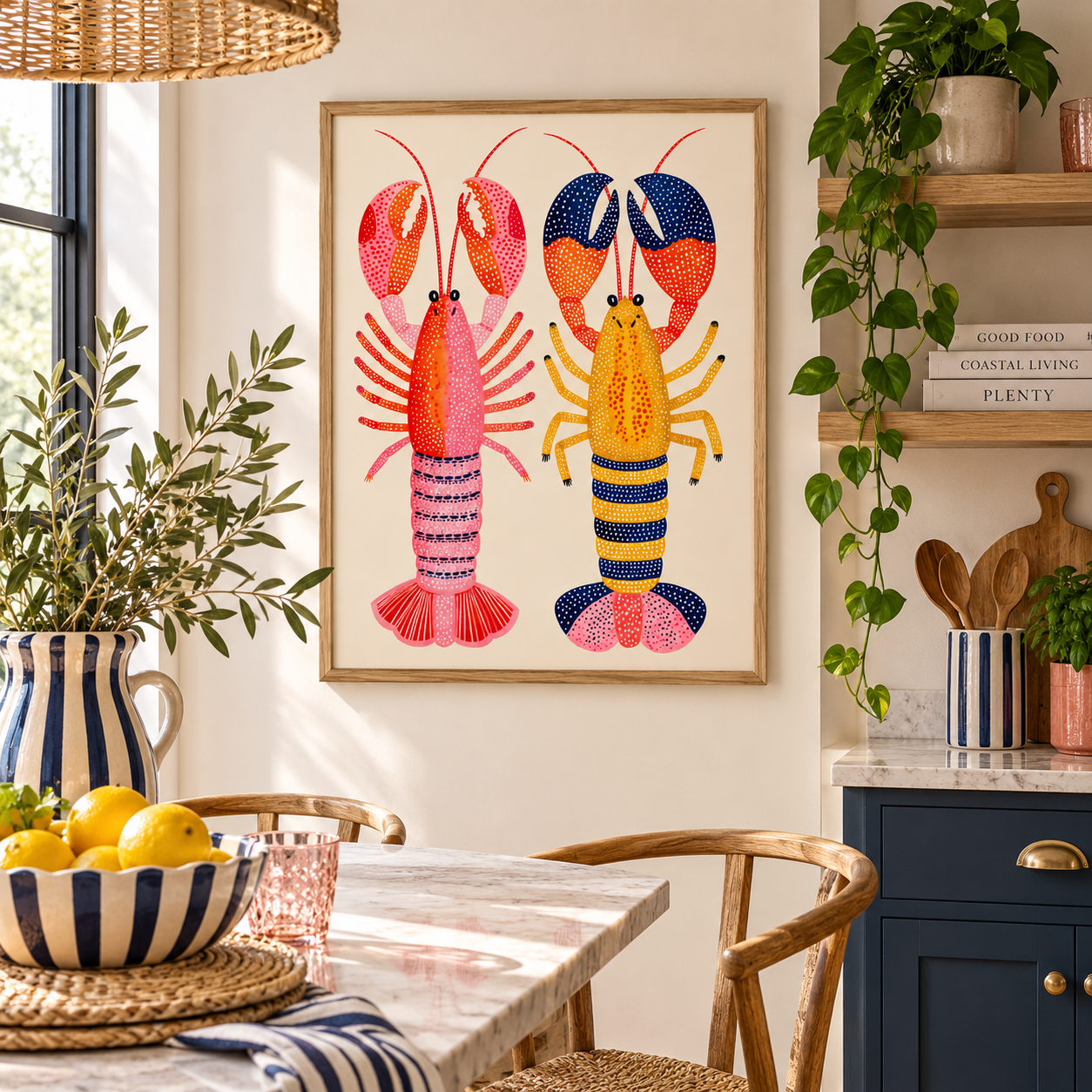 A framed art print featuring two colorful lobster illustrations hanging on a light beige wall in a styled kitchen setting with a marble table, blue cabinets, and green plants.