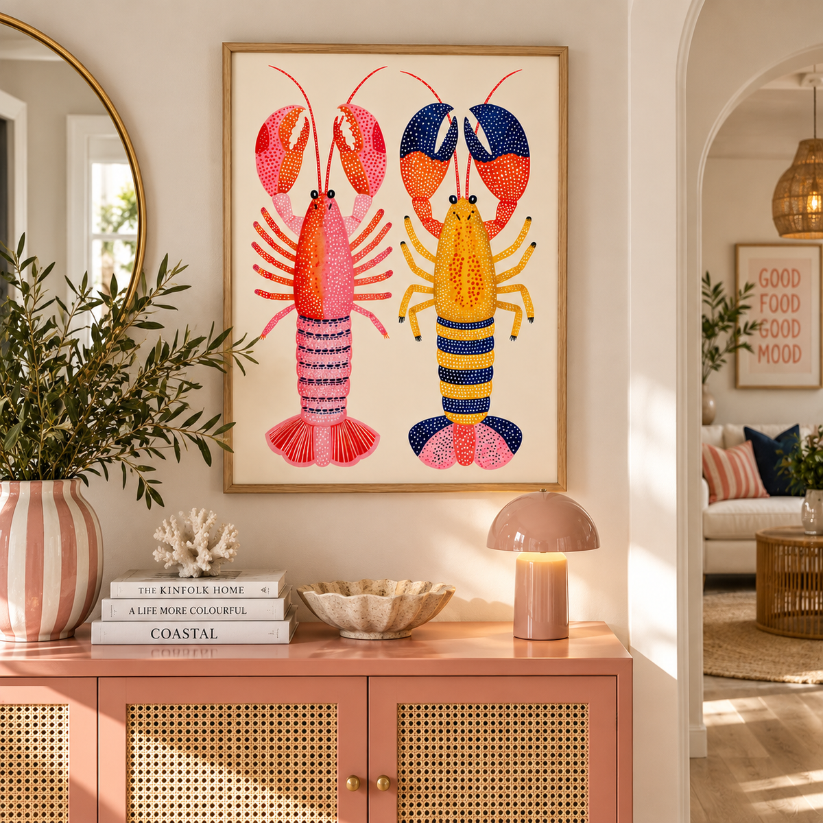 Colourful lobster kitchen wall art styled in a bright coastal kitchen with warm natural home decor