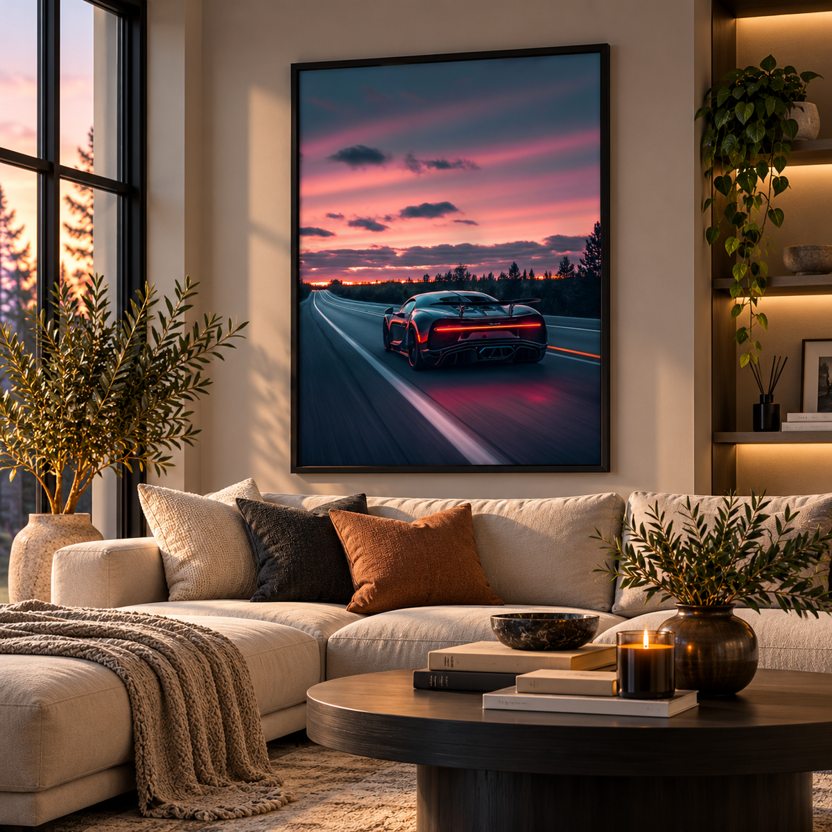 A large framed wall art print depicting a red sports car on a highway at sunset, displayed above a beige sectional sofa in a modern, warmly lit living room.