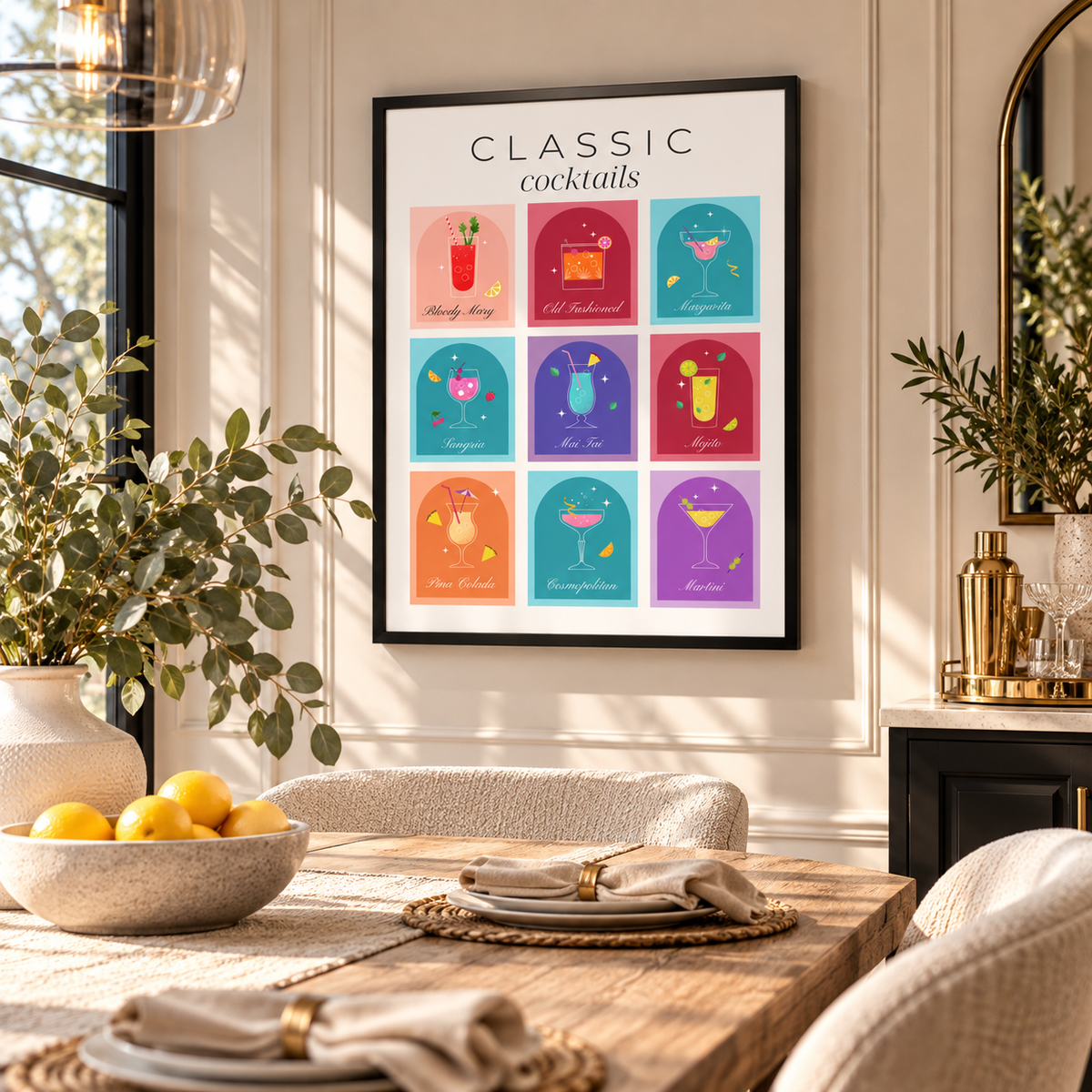 Colourful cocktail typography print displayed in a contemporary dining room featuring nine classic cocktail designs