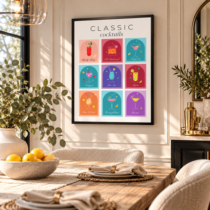 Colourful cocktail typography print displayed in a contemporary dining room featuring nine classic cocktail designs