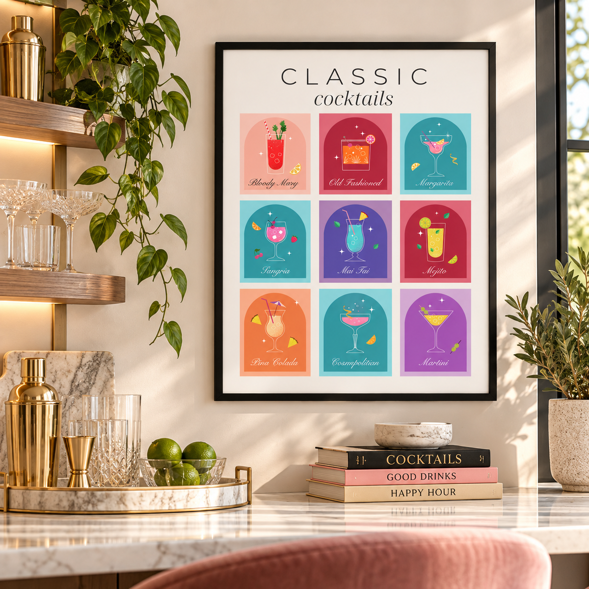 Retro colourful cocktail wall art displayed in a bright modern kitchen with vibrant pink turquoise and orange drinks illustrations